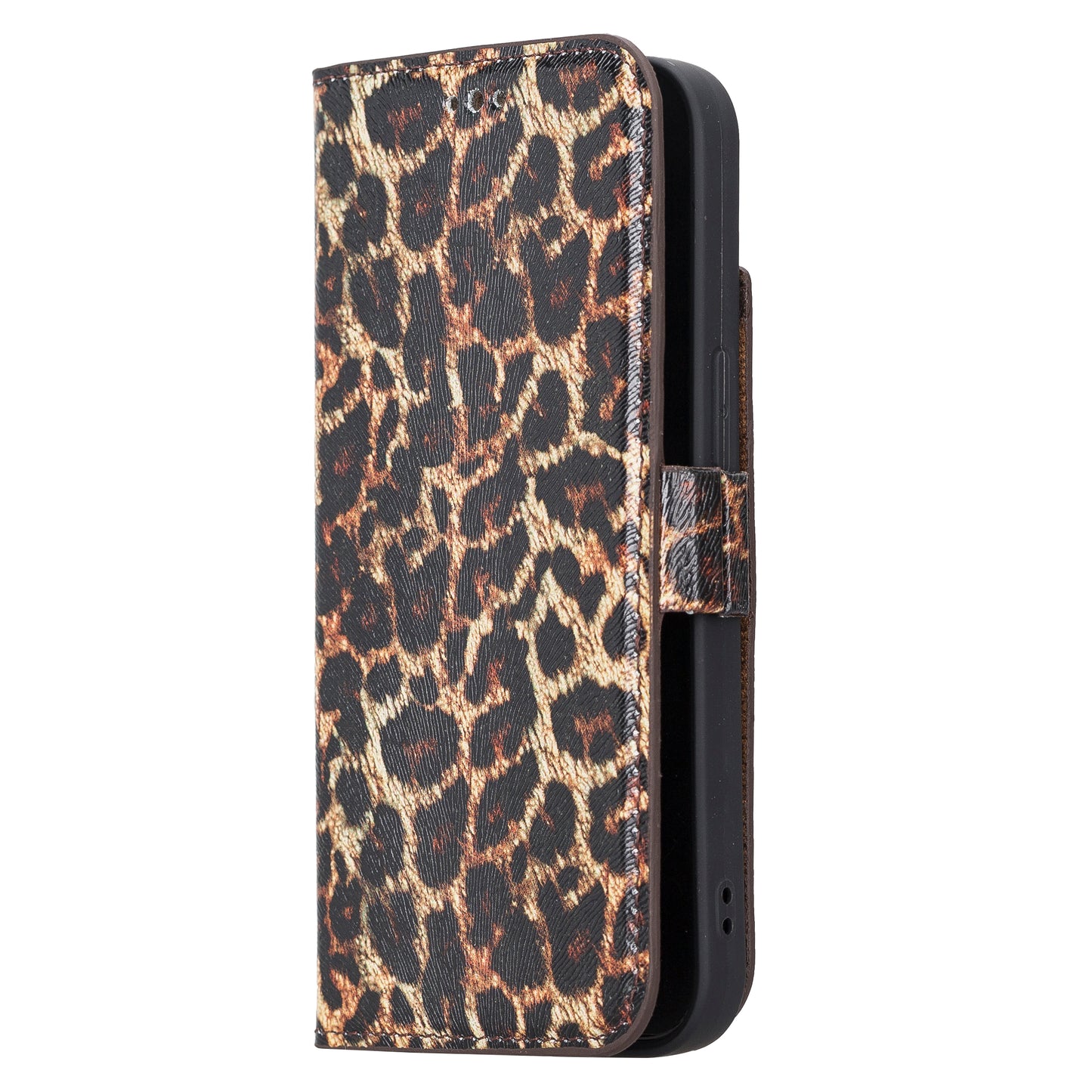 iPhone 13 (6.1") Leather MagSafe Stand Wallet Case RFID Protection - Black Leopard