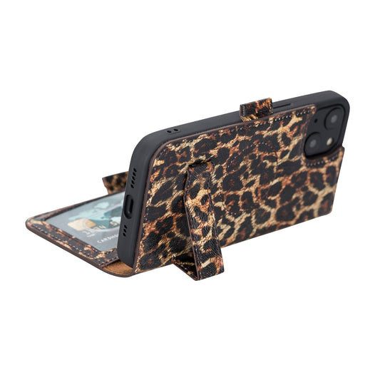 iPhone 13 (6.1") Leather MagSafe Stand Wallet Case RFID Protection - Black Leopard