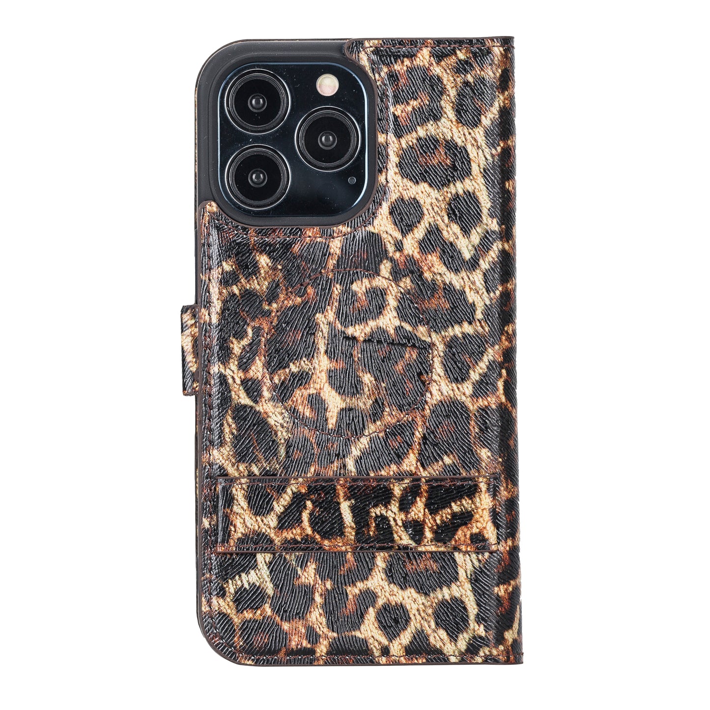iPhone 13 Pro (6.1") Leather MagSafe Stand Wallet Case RFID Protection - Black Leopard