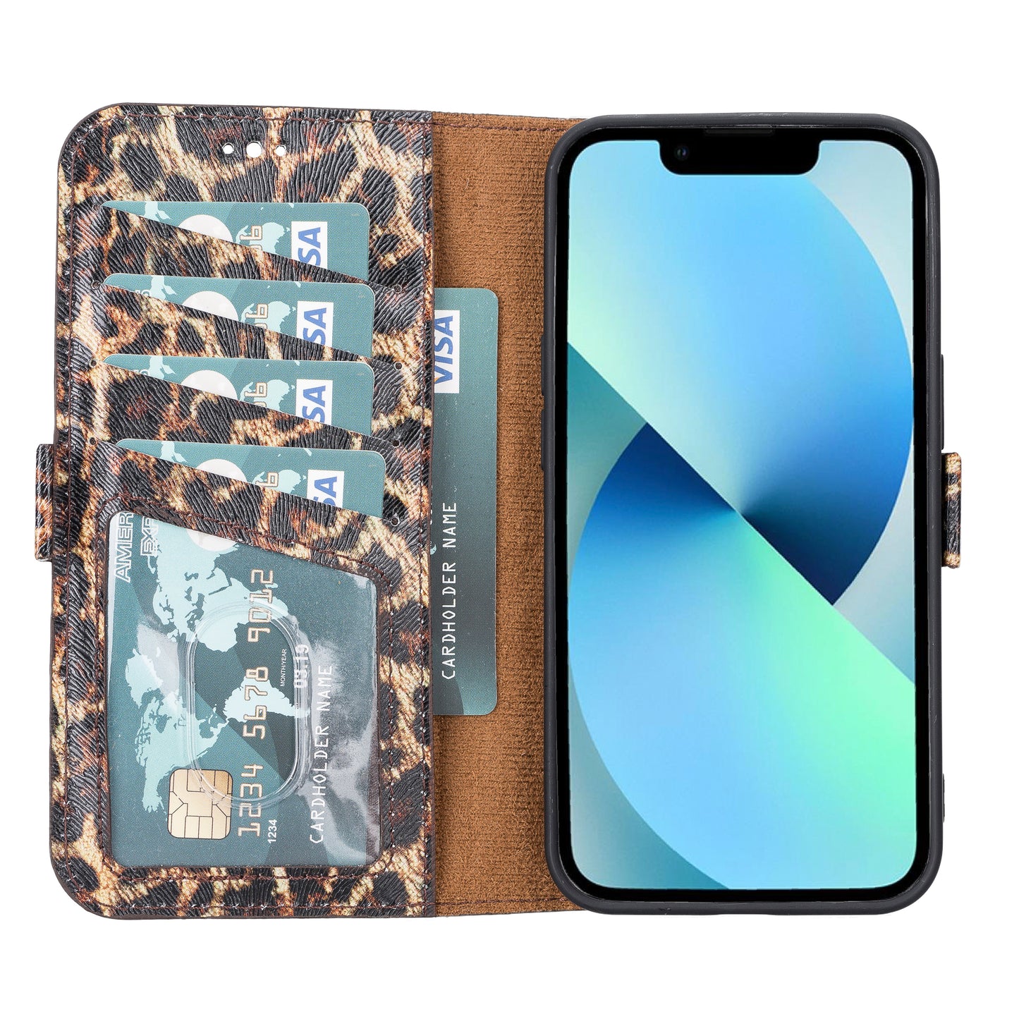 iPhone 13 Pro (6.1") Leather MagSafe Stand Wallet Case RFID Protection - Black Leopard