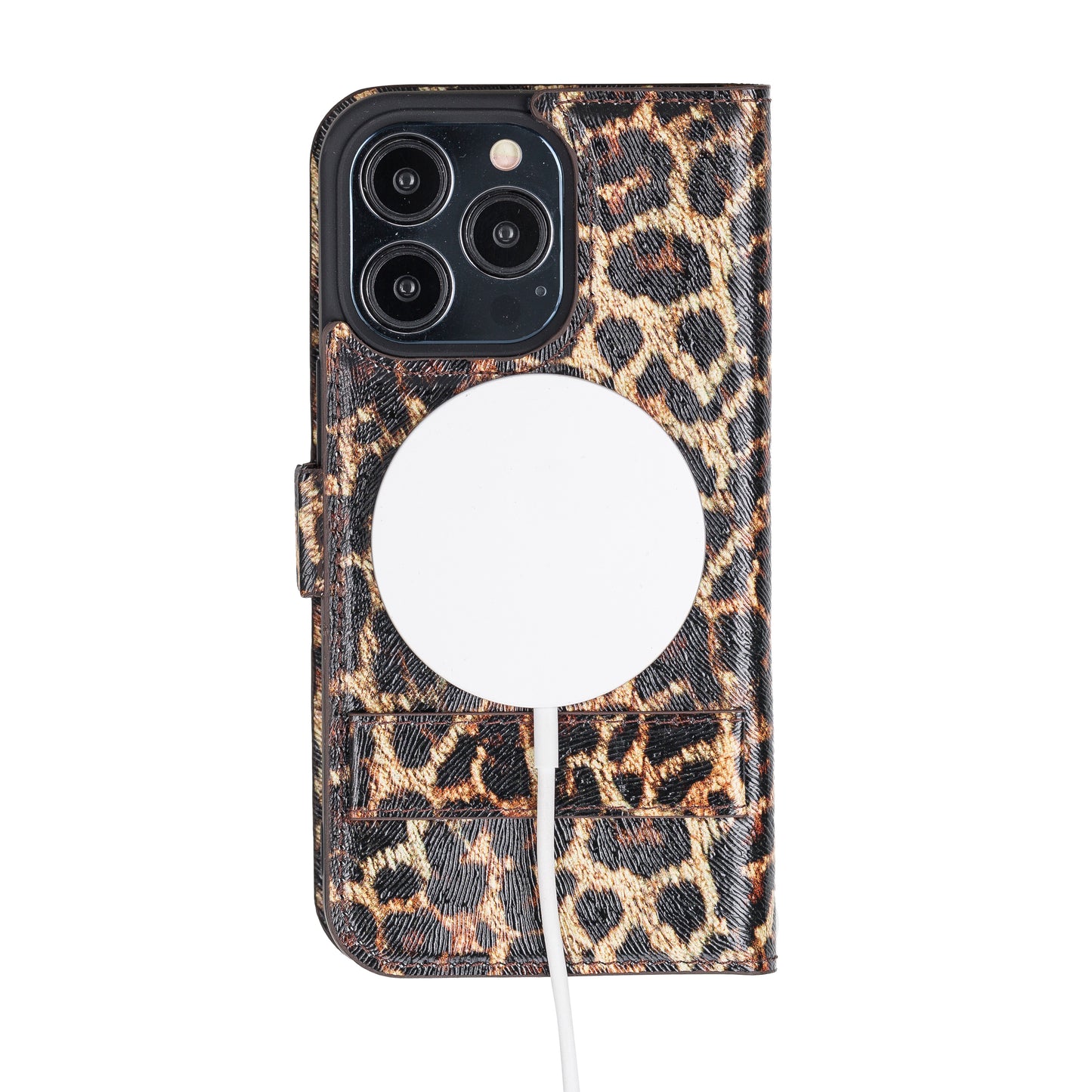 iPhone 13 Pro (6.1") Leather MagSafe Stand Wallet Case RFID Protection - Black Leopard