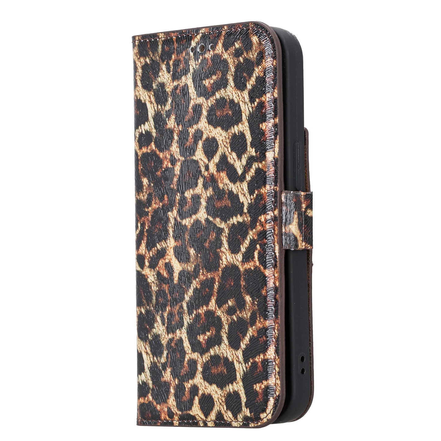 iPhone 13 Pro (6.1") Leather MagSafe Stand Wallet Case RFID Protection - Black Leopard