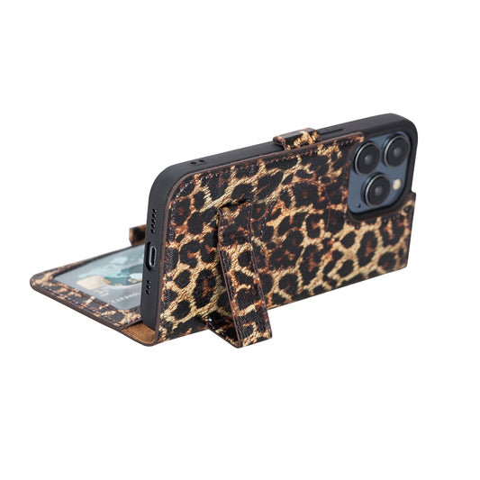 iPhone 13 Pro (6.1") Leather MagSafe Stand Wallet Case RFID Protection - Black Leopard