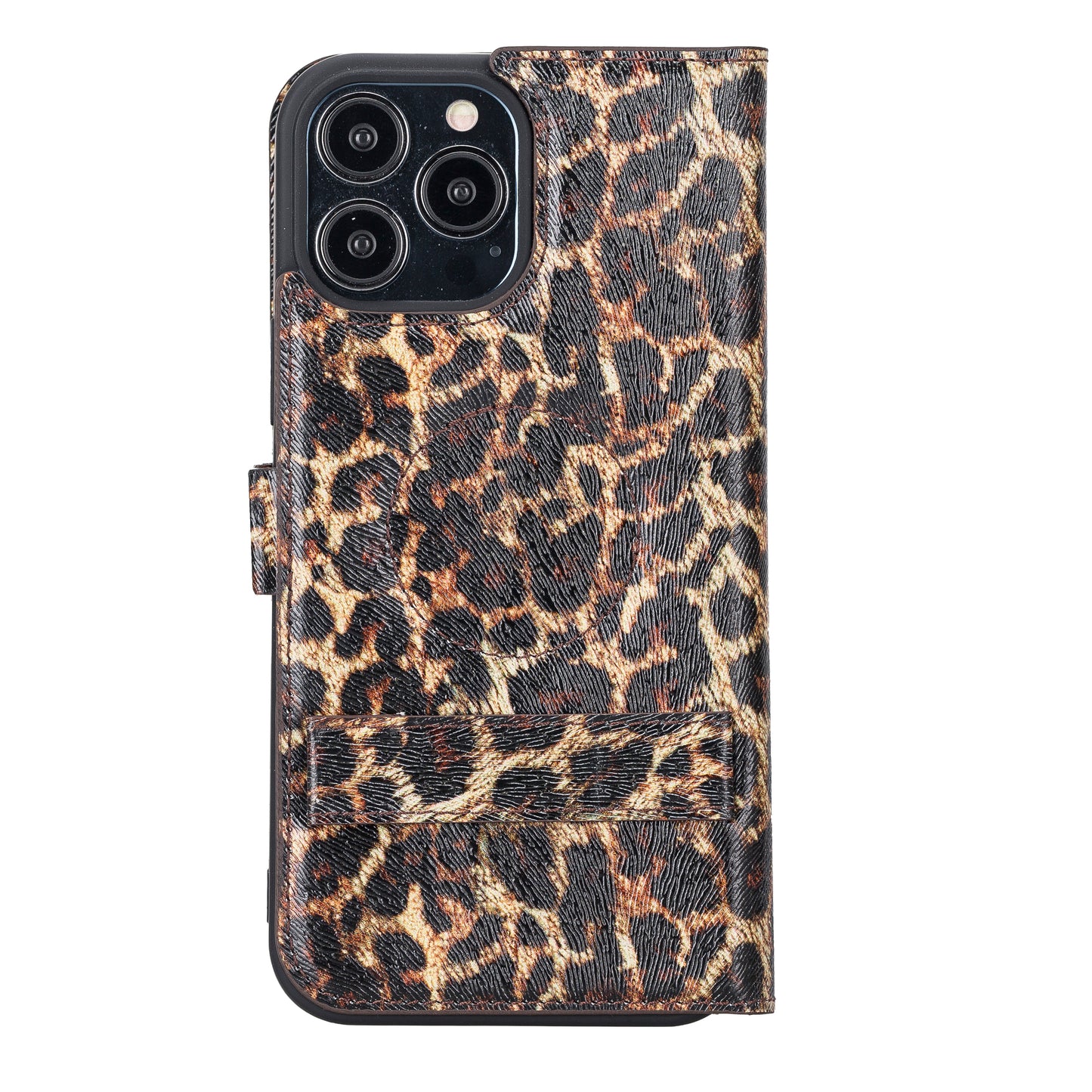 iPhone 13 Pro Max (6.7") Leather MagSafe Stand Wallet Case RFID Protection - Black Leopard