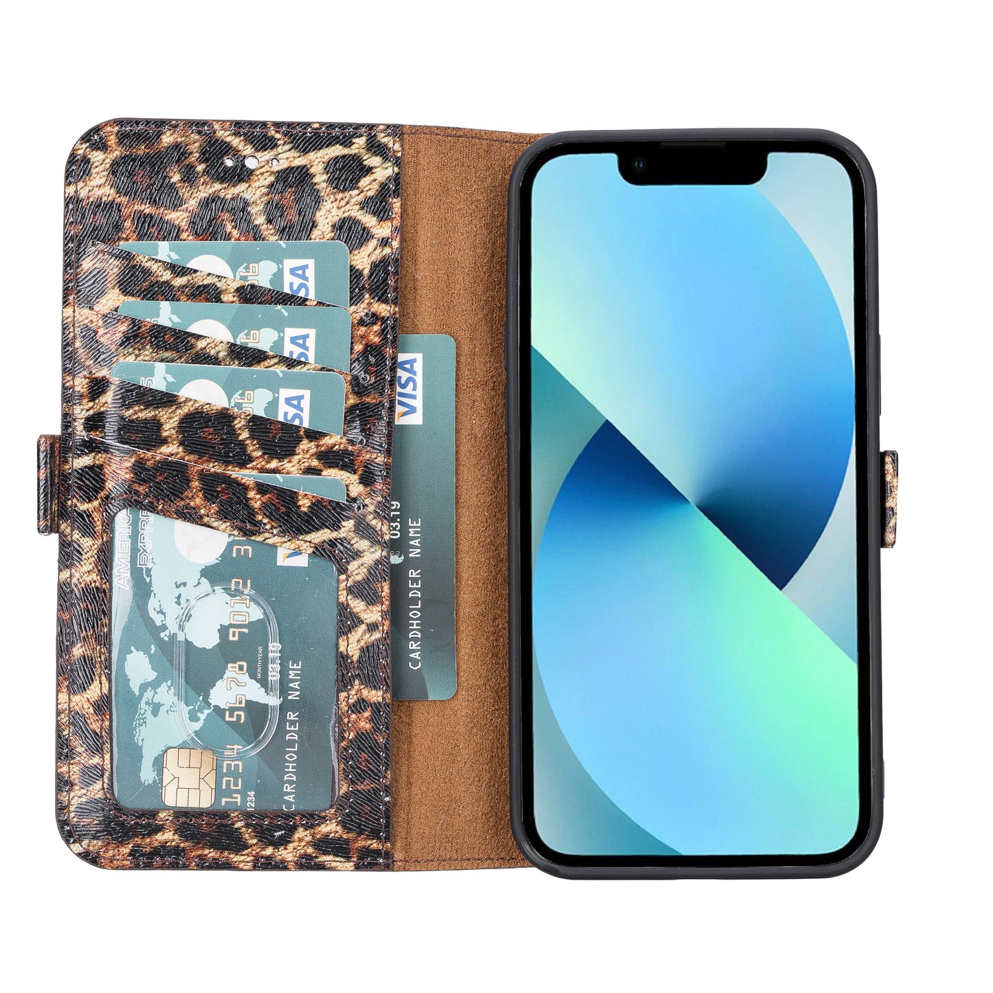 iPhone 13 Pro Max (6.7") Leather MagSafe Stand Wallet Case RFID Protection - Black Leopard