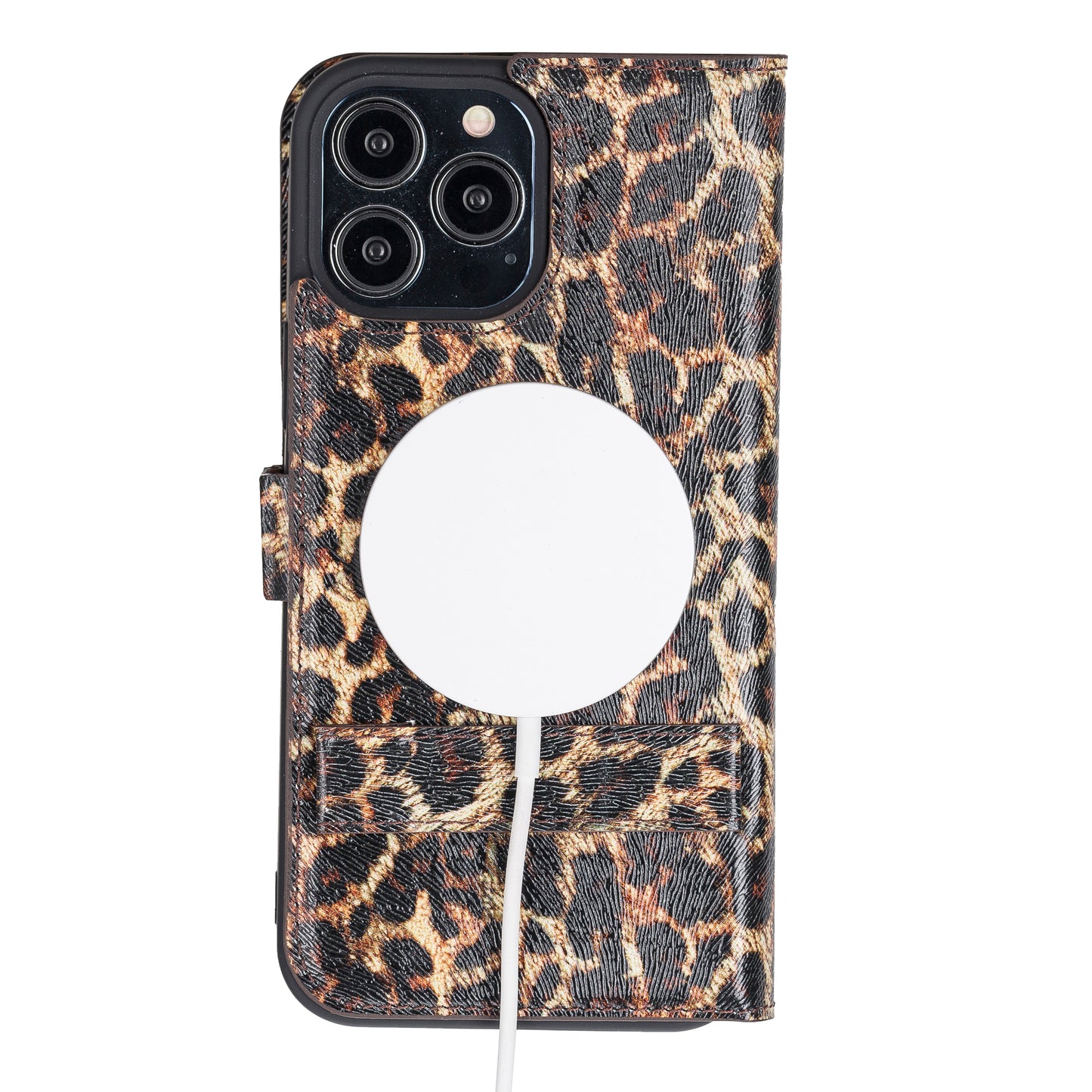 iPhone 13 Pro Max (6.7") Leather MagSafe Stand Wallet Case RFID Protection - Black Leopard