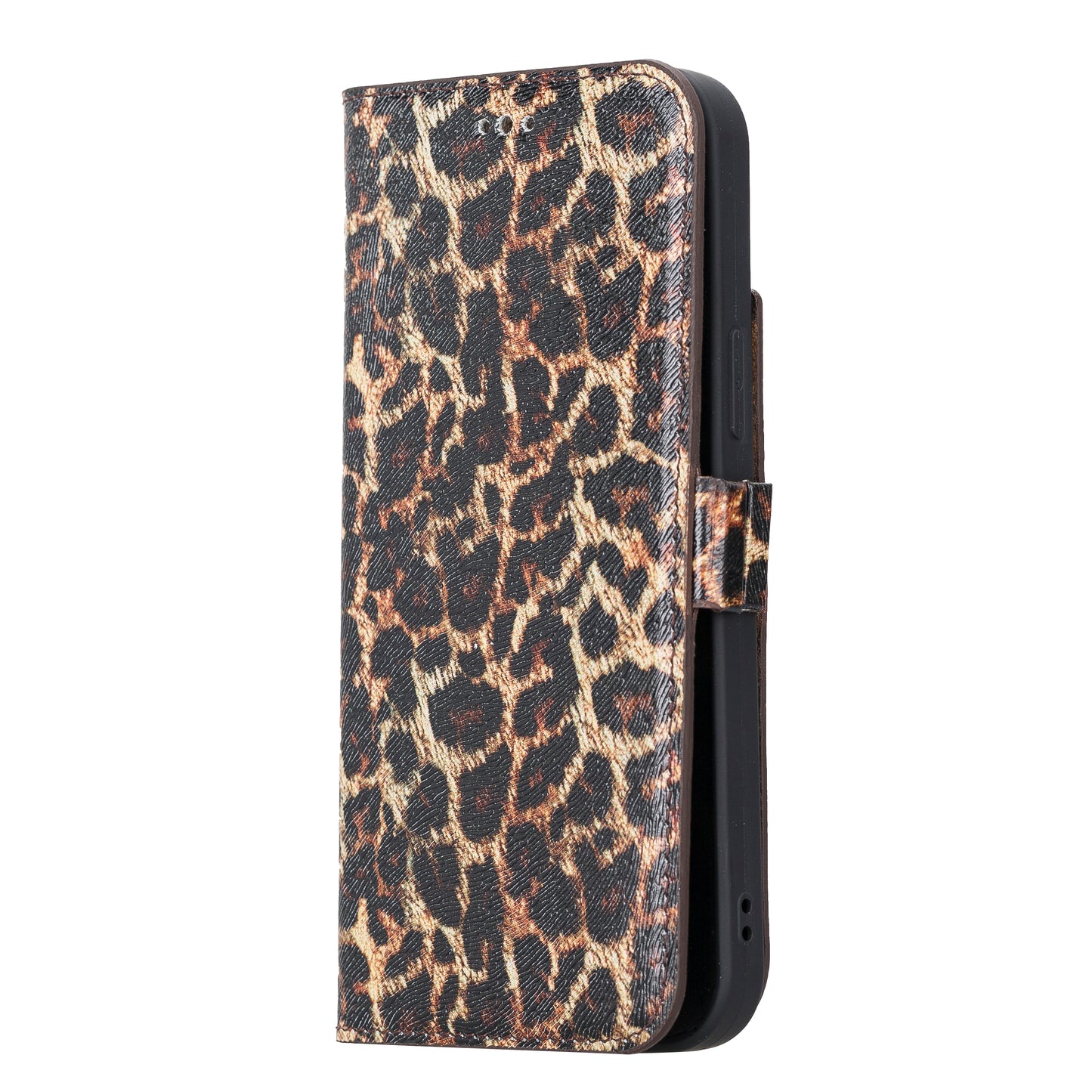 iPhone 13 Pro Max (6.7") Leather MagSafe Stand Wallet Case RFID Protection - Black Leopard