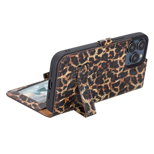 iPhone 13 Pro Max (6.7") Leather MagSafe Stand Wallet Case RFID Protection - Black Leopard