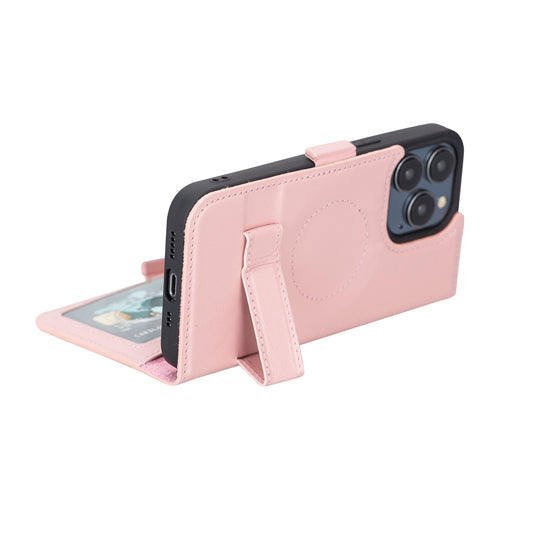 iPhone 13 Pro (6.1") Leather MagSafe Stand Wallet Case RFID Protection - Pink