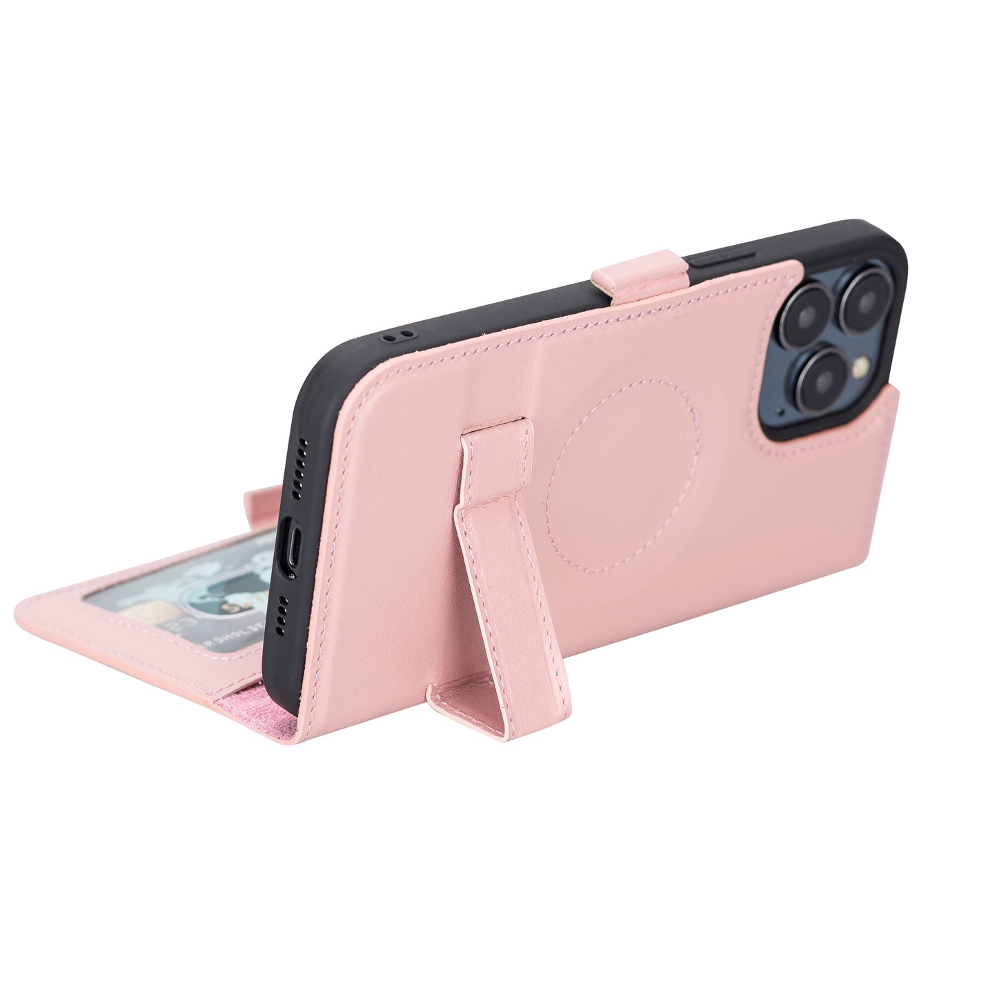 iPhone 13 Pro Max (6.7") Leather MagSafe Stand Wallet Case RFID Protection - Pink