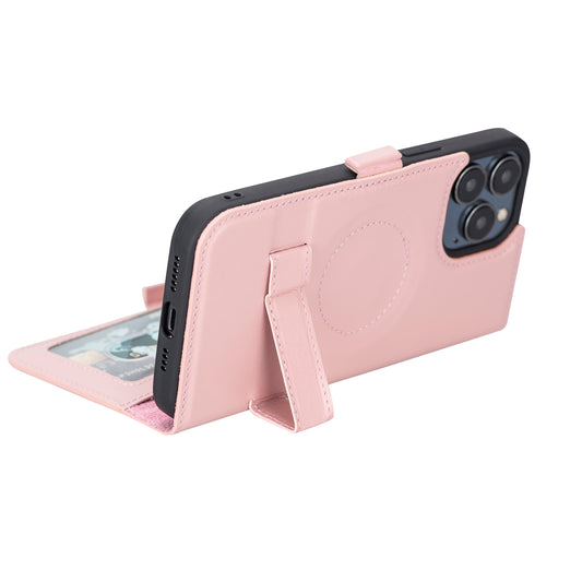 iPhone 13 Pro Max (6.7") Leather MagSafe Stand Wallet Case RFID Protection - Pink