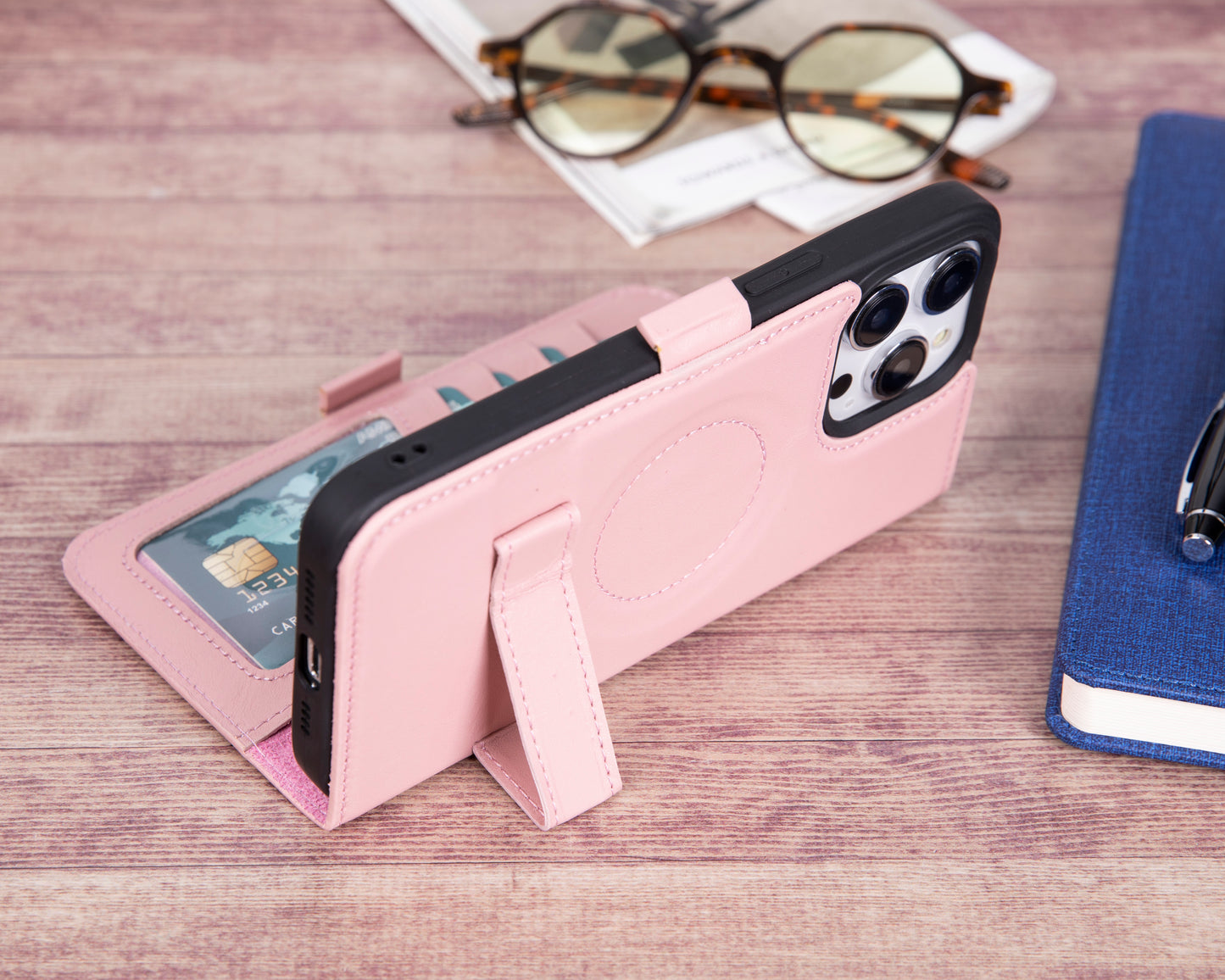 iPhone 14 Pro Max (6.7") Leather MagSafe RFID Stand Wallet Case - Pink