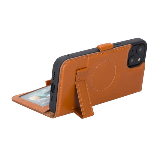 iPhone 13 (6.1") Leather MagSafe Stand Wallet Case RFID Protection - Brown