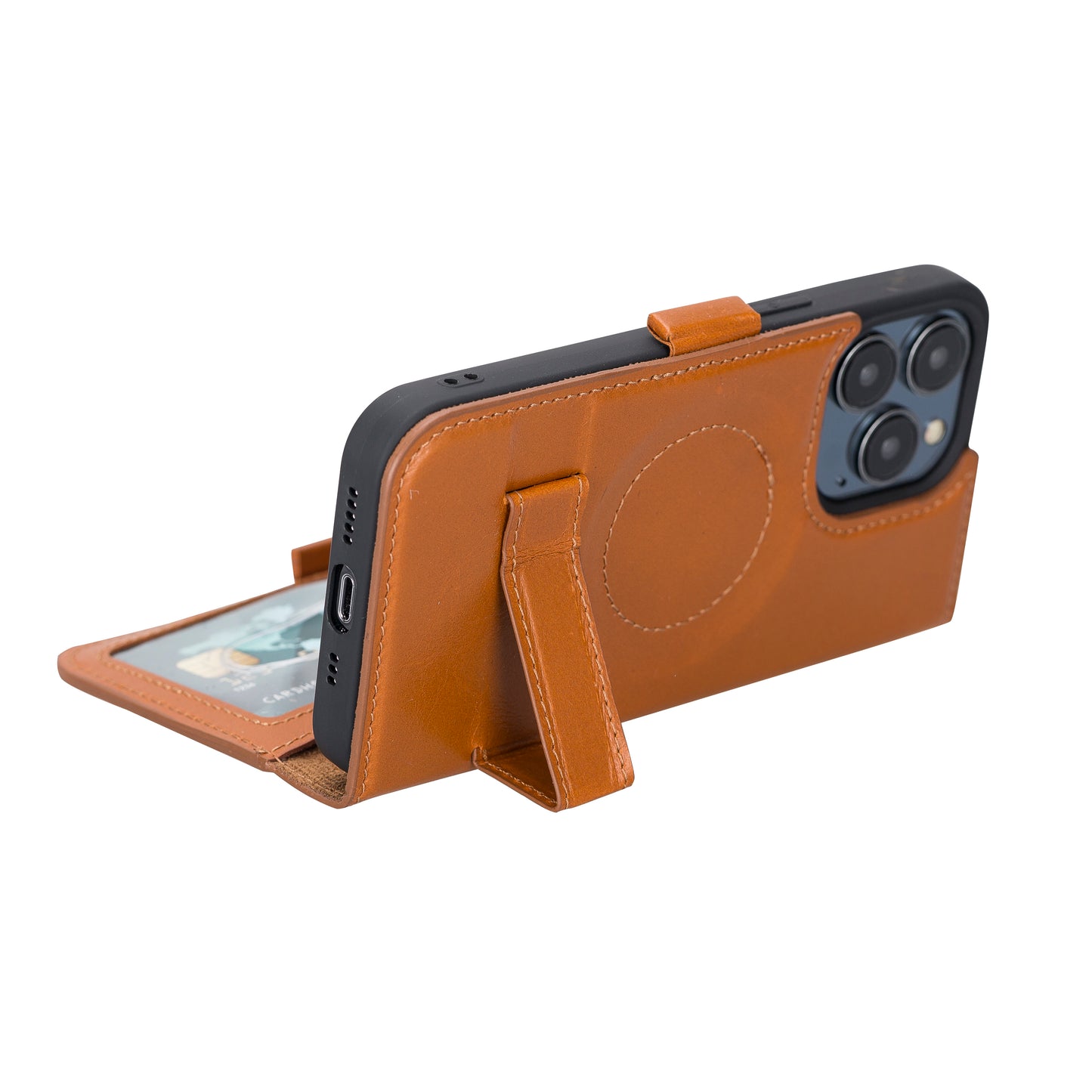 iPhone 13 Pro (6.1") Leather MagSafe Stand Wallet Case RFID Protection - Brown