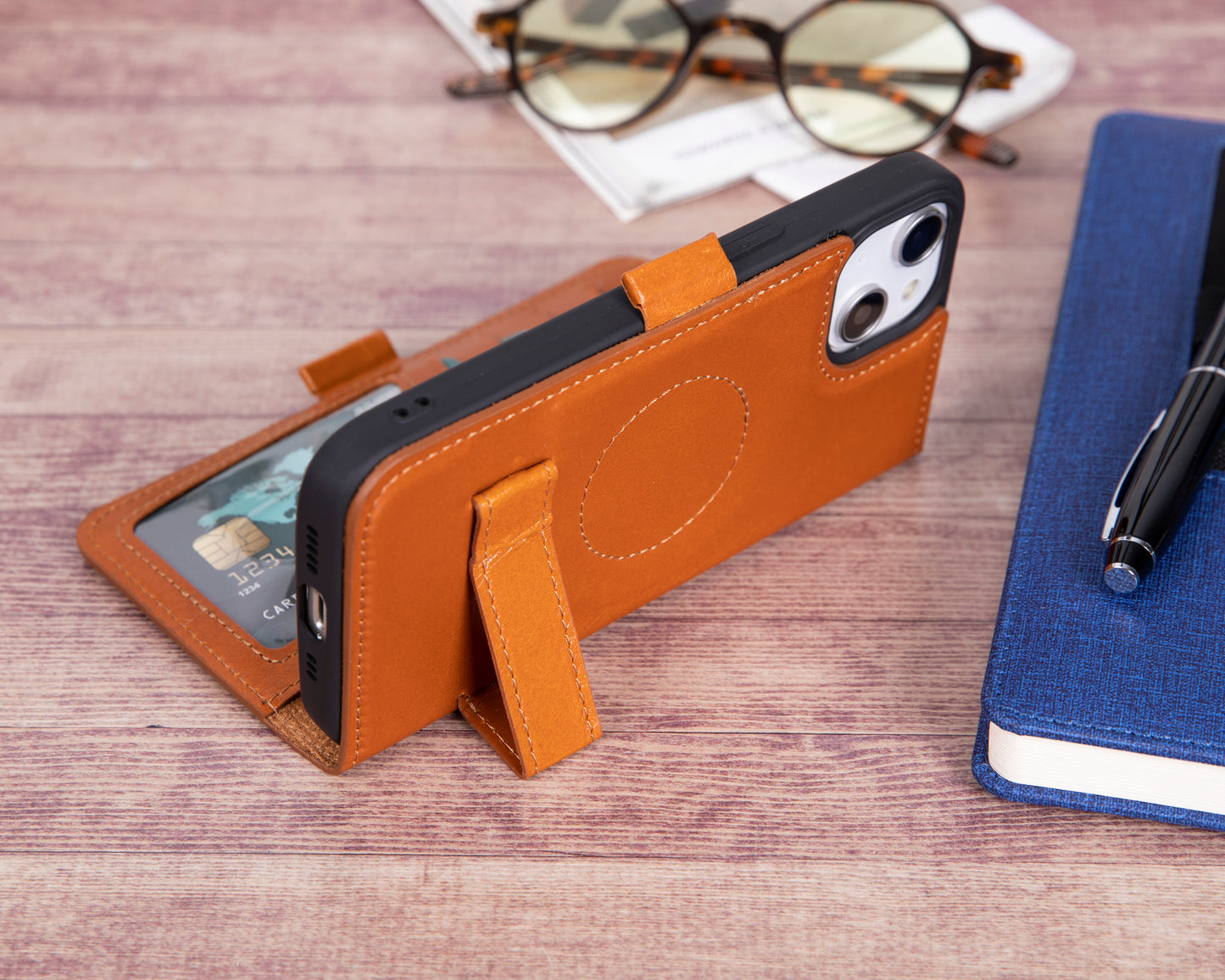 iPhone 14 (6.1") Leather MagSafe RFID Stand Wallet Case - Brown