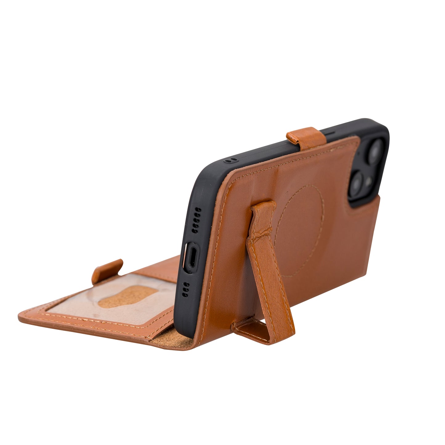 iPhone 14 (6.1") Leather MagSafe RFID Stand Wallet Case - Brown
