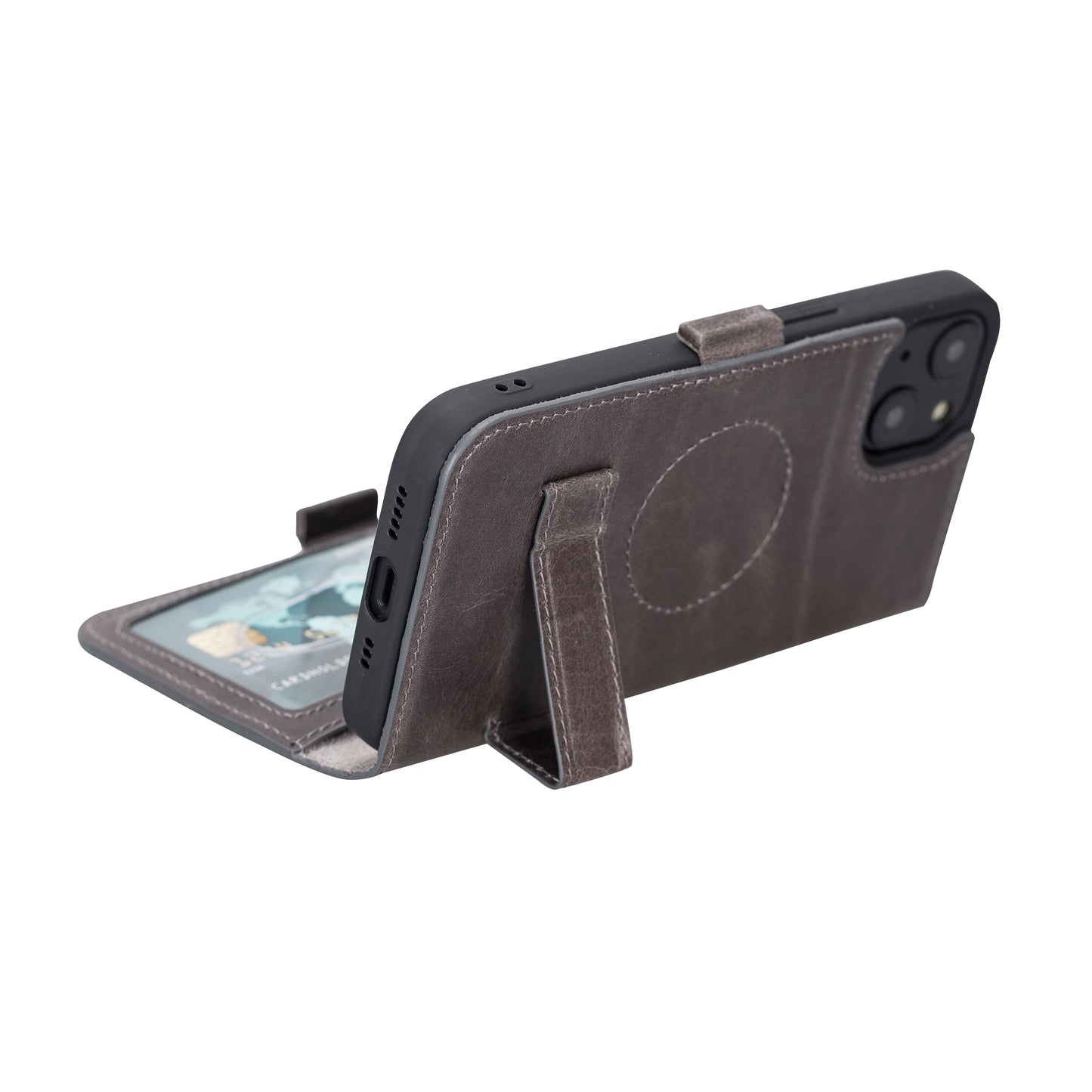 iPhone 13 Mini (5.4") Leather MagSafe Stand Wallet Case RFID Protection - Rustic Black