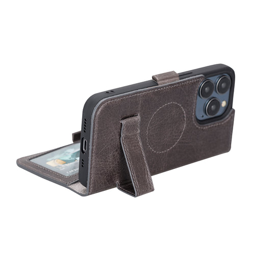 iPhone 13 Pro (6.1") Leather MagSafe Stand Wallet Case RFID Protection - Rustic Black