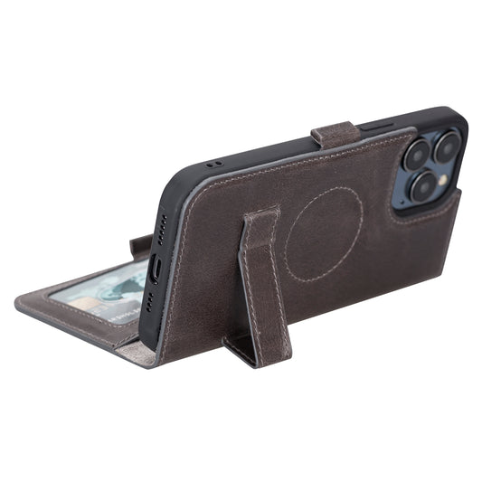 iPhone 13 Pro Max (6.7") Leather MagSafe Stand Wallet Case RFID Protection - Rustic Black