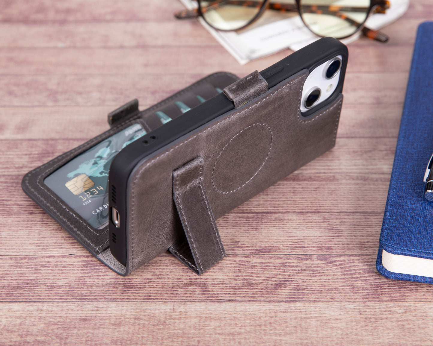 iPhone 14 Plus (6.7") Leather MagSafe RFID Stand Wallet Case - Rustic Black