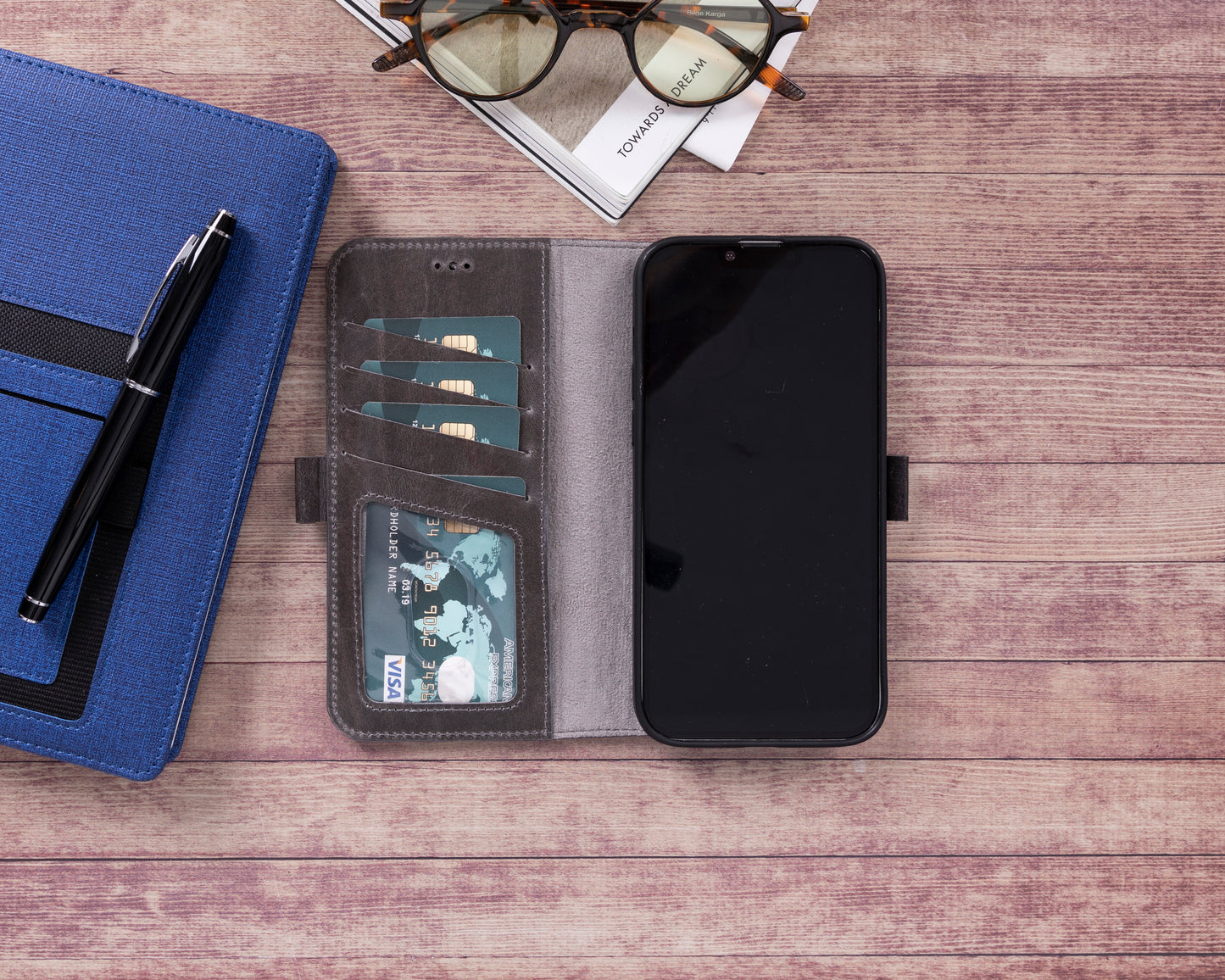 iPhone 14 Pro Max (6.7") Leather MagSafe RFID Stand Wallet Case - Rustic Black