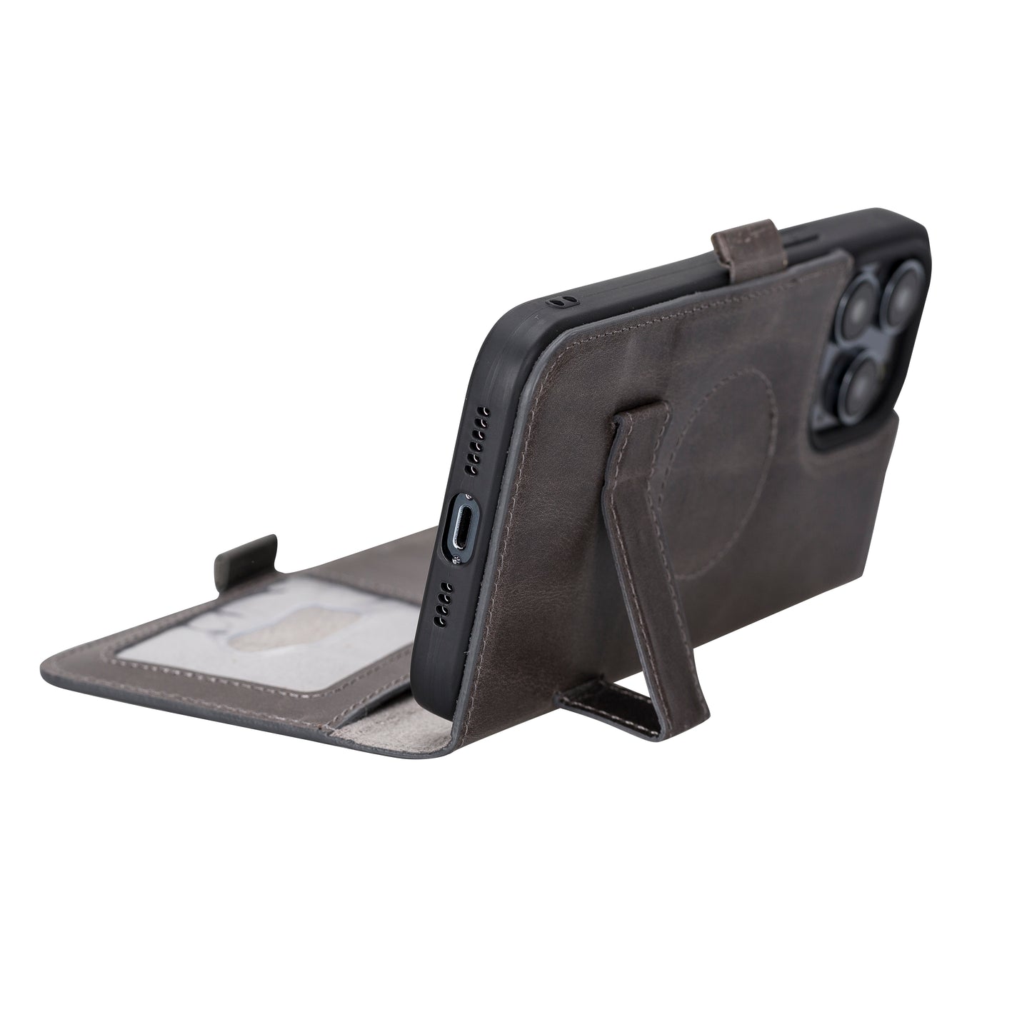 iPhone 14 Pro Max (6.7") Leather MagSafe RFID Stand Wallet Case - Rustic Black