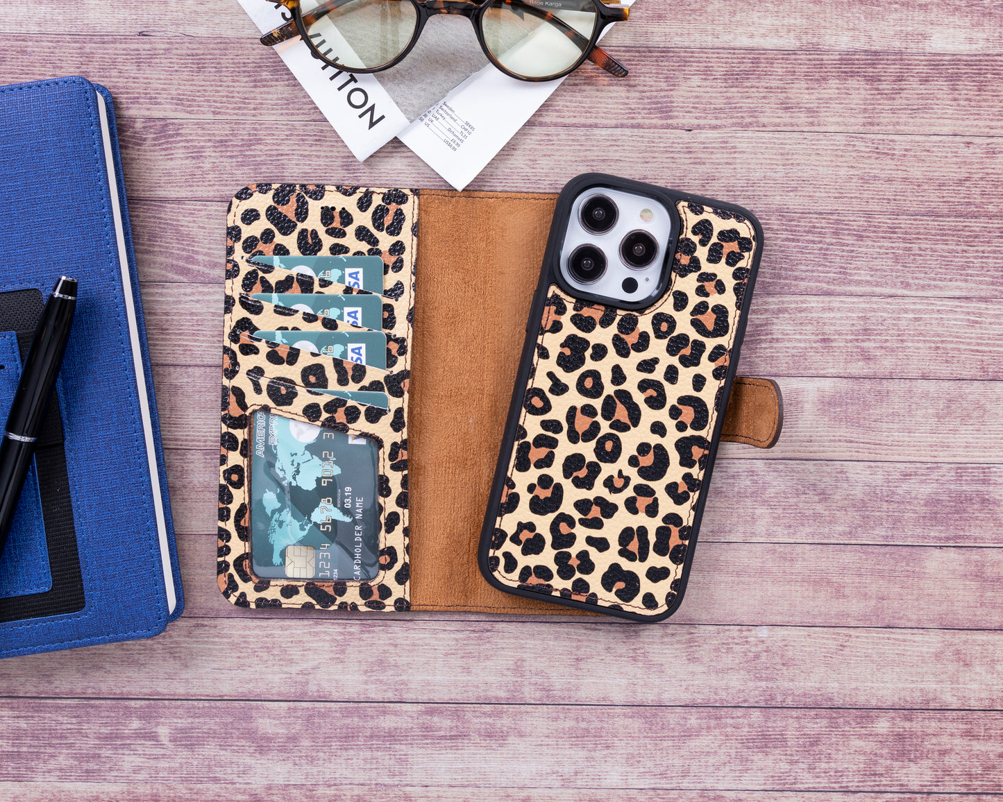 iPhone 14 Pro Max (6.7") Leather MagSafe RFID Detachable Wallet Case - Leopard