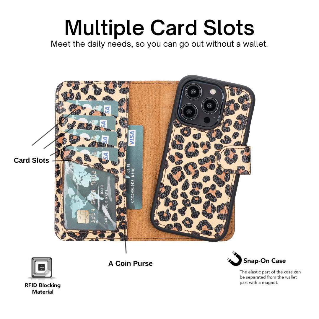 iPhone 14 Pro Max (6.7") Leather MagSafe RFID Detachable Double Wallet Case - Leopard