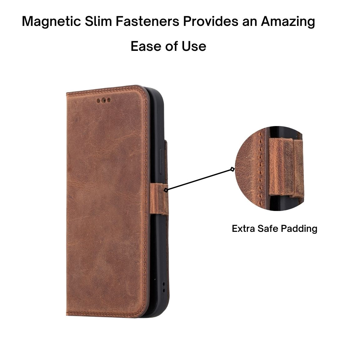 iPhone 13 (6.1") Leather MagSafe Stand Wallet Case RFID Protection  - Teak Brown