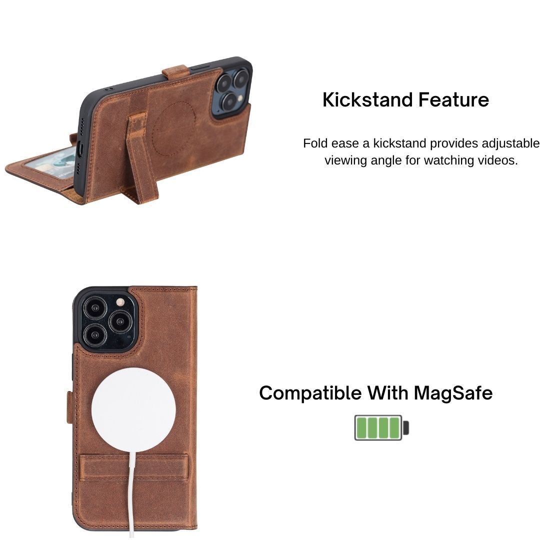 iPhone 14 Plus (6.7") Leather MagSafe RFID Stand Wallet Case - Teak Brown