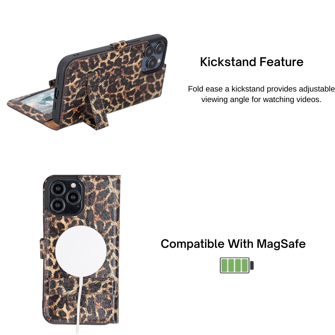 iPhone 13 (6.1") Leather MagSafe Stand Wallet Case RFID Protection  - Black Leopard