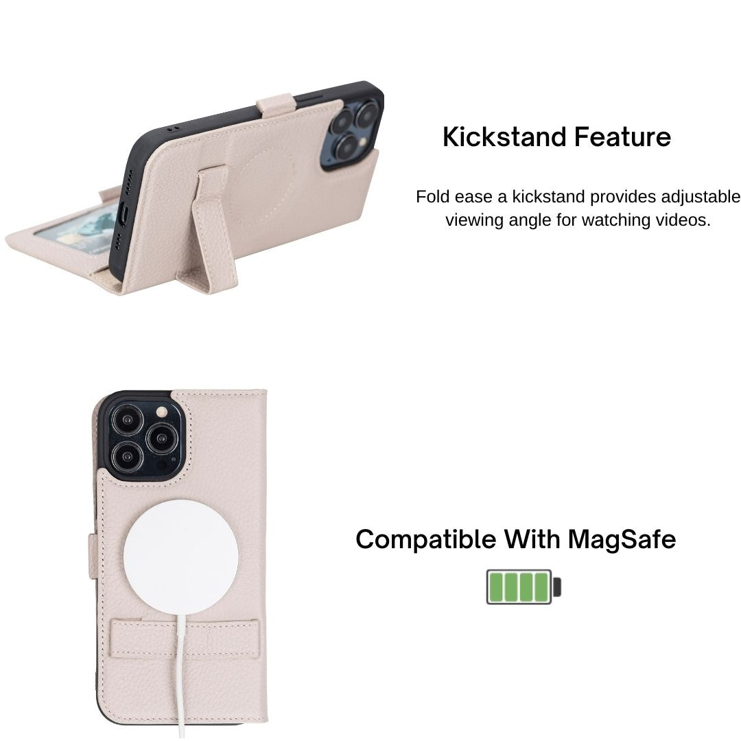 iPhone 14 (6.1") Leather MagSafe RFID Stand Wallet Case - Beige