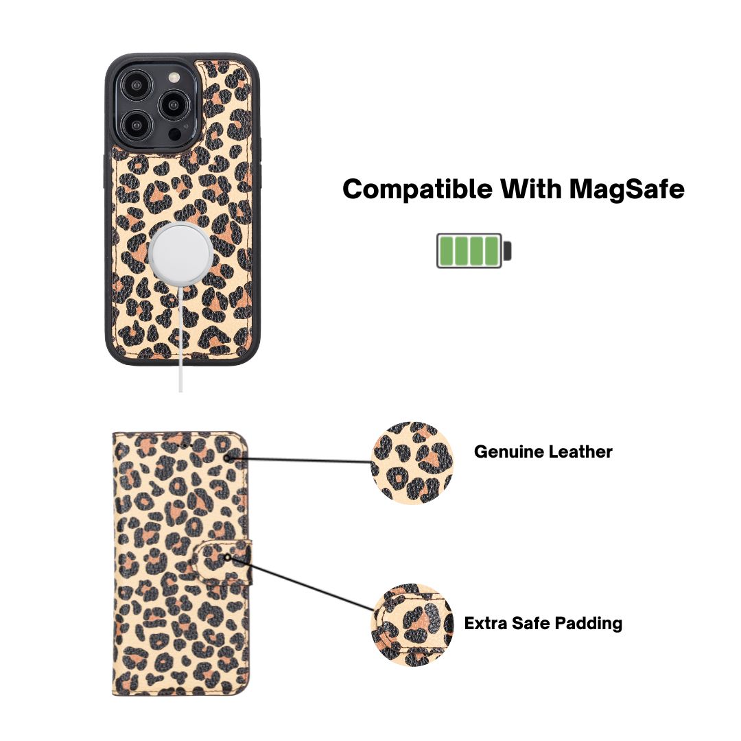 iPhone 14 Plus (6.7") Leather MagSafe RFID Detachable Double Wallet Case - Leopard