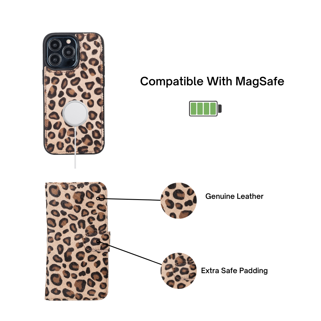 iPhone 13 Pro (6.1") Leather MagSafe RFID Magnetic Detachable Wallet Case  - Furry Leopard