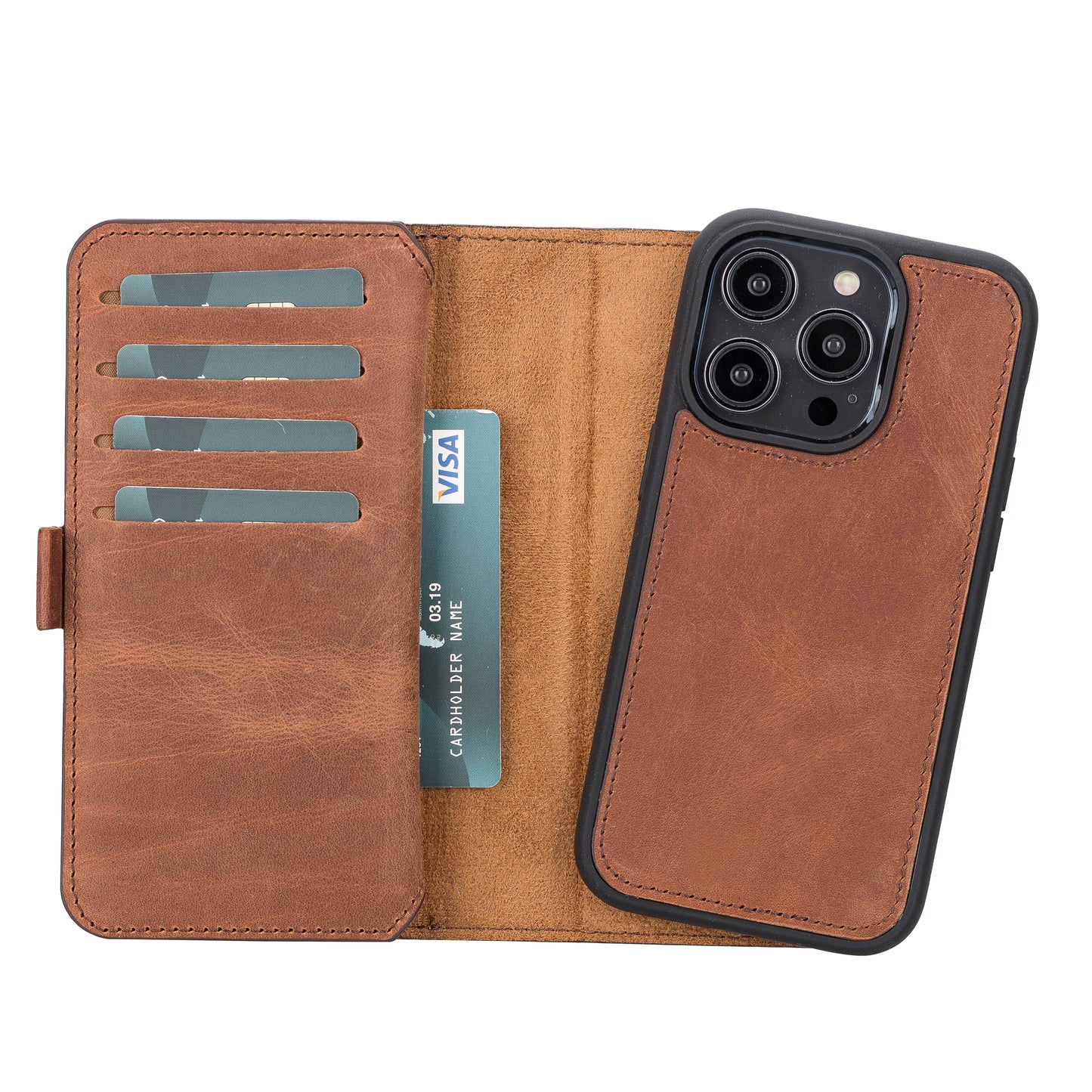 iPhone 14 Pro (6.1") Leather MagSafe RFID Detachable Double Wallet Case - Teak Brown