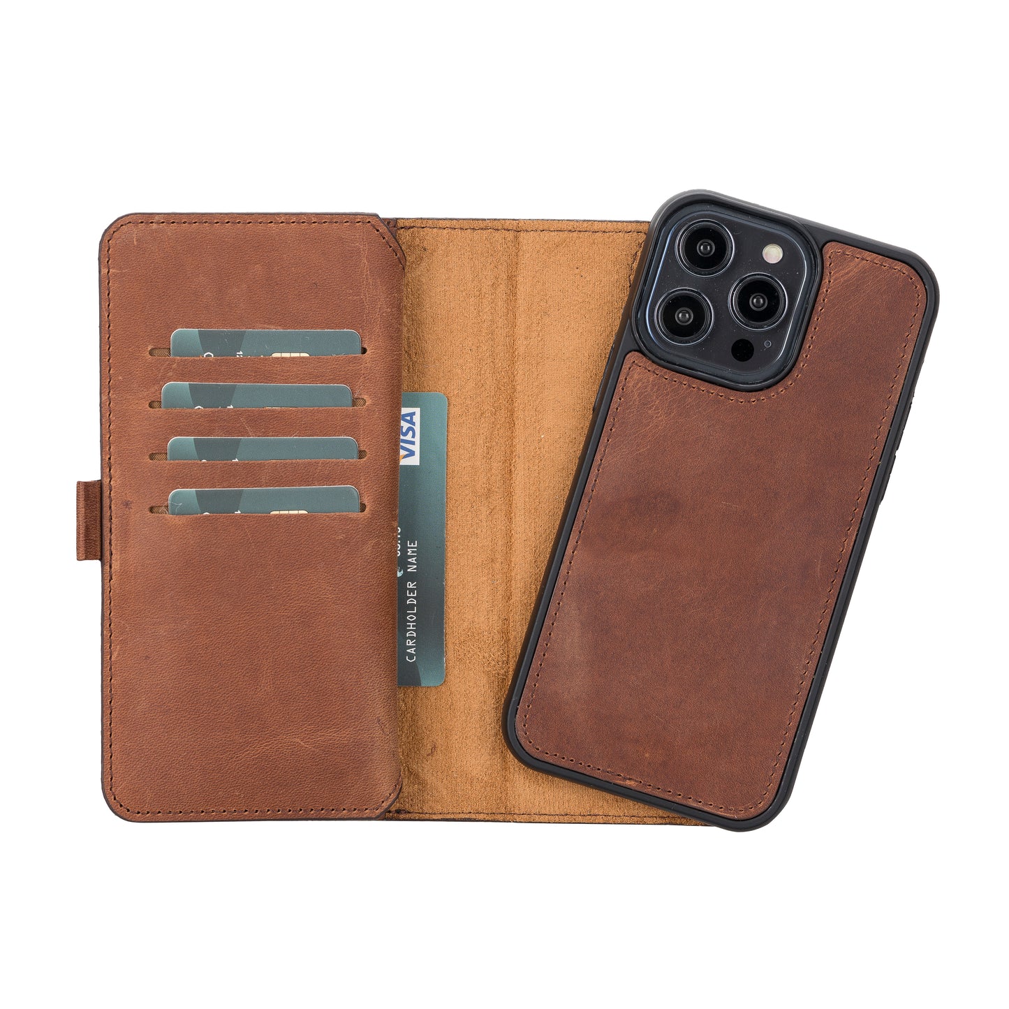 iPhone 14 Pro Max (6.7") Leather MagSafe RFID Detachable Double Wallet Case - Teak Brown