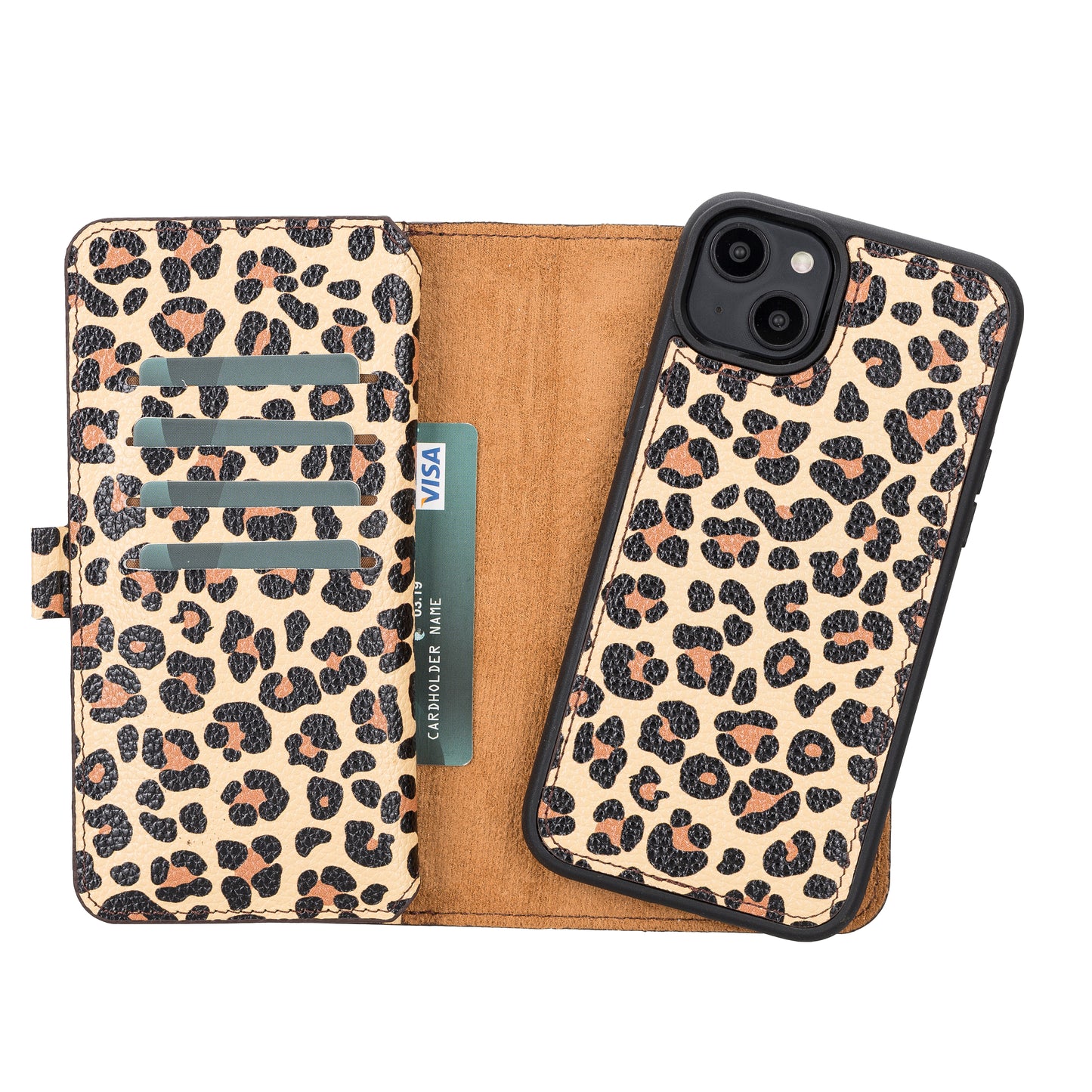 iPhone 14 Plus (6.7") Leather MagSafe RFID Detachable Double Wallet Case - Leopard