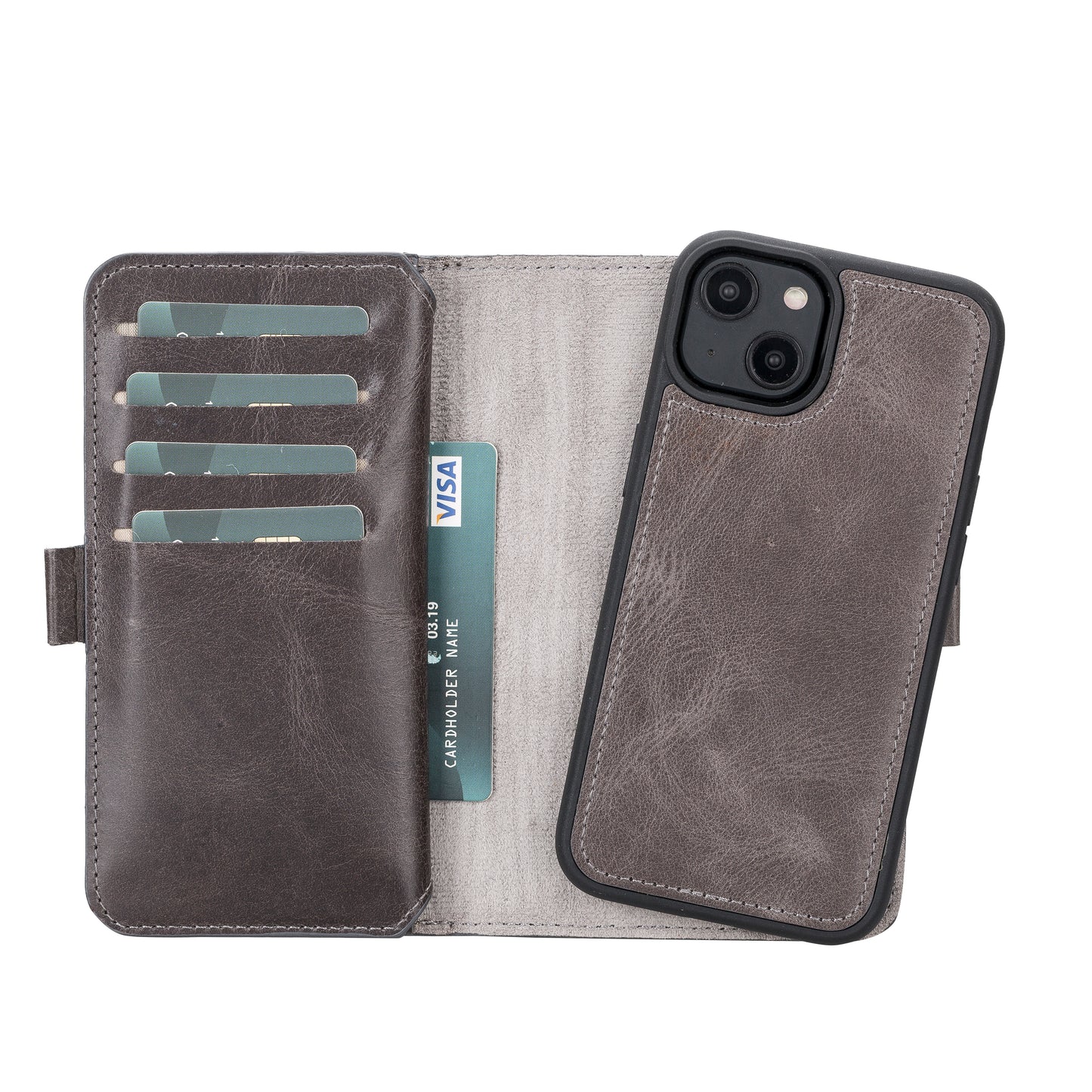 iPhone 14 Pro (6.1") Leather MagSafe RFID Detachable Double Wallet Case - Rustic Black