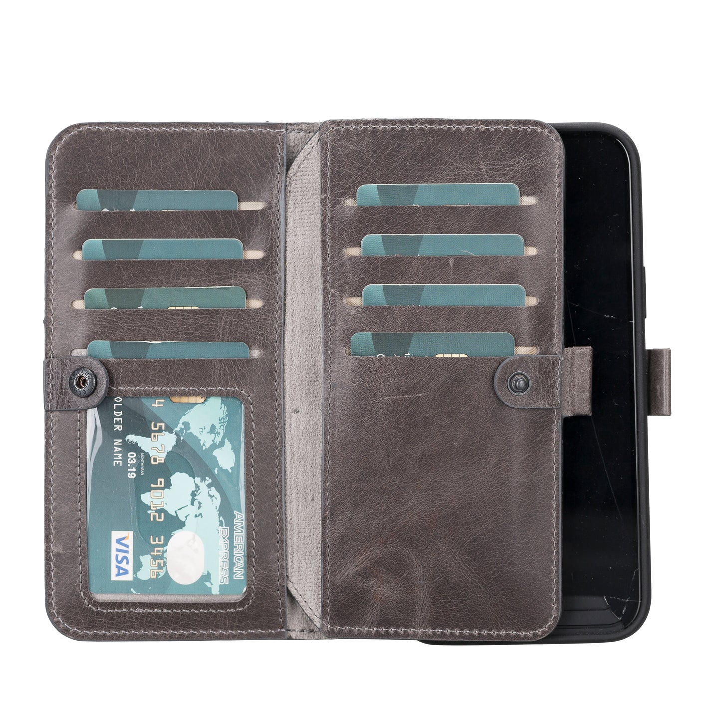 iPhone 14 Plus (6.7") Leather MagSafe RFID Detachable Double Wallet Case - Rustic Black