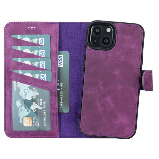 iPhone 13 (6.1") Leather MagSafe RFID Magnetic Detachable Wallet Case  - Purple