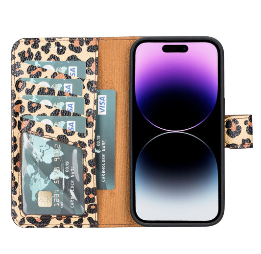 iPhone 14 Pro (6.1") Leather MagSafe RFID Detachable Wallet Case - Leopard