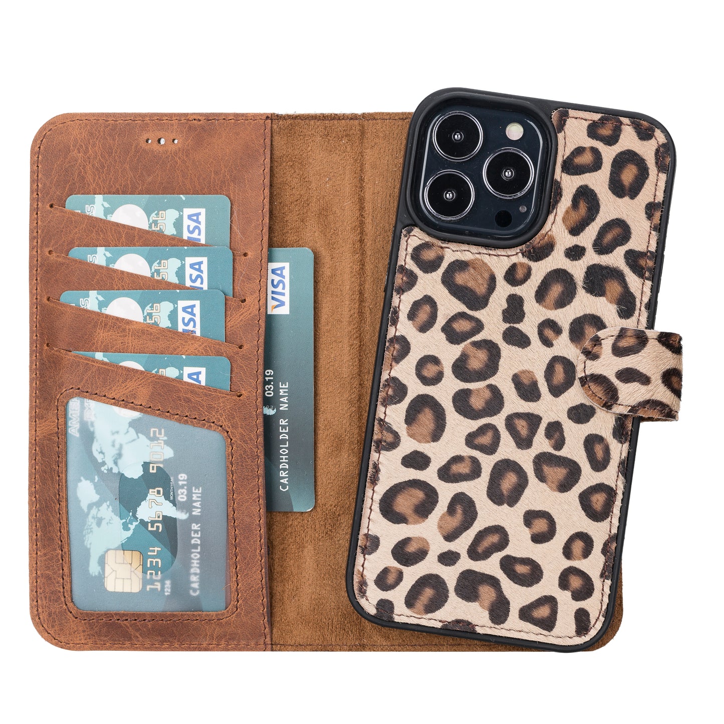 iPhone 13 Pro Max (6.7") Leather MagSafe RFID Magnetic Detachable Wallet Case  - Furry Leopard