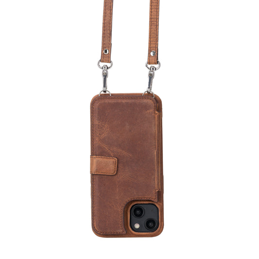 iPhone 14 Crossbody Leather MagSafe Wallet Case - Teak Brown