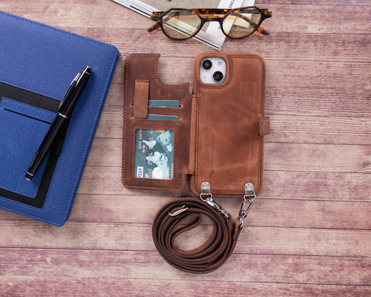 iPhone 14 Crossbody Leather MagSafe Wallet Case - Teak Brown