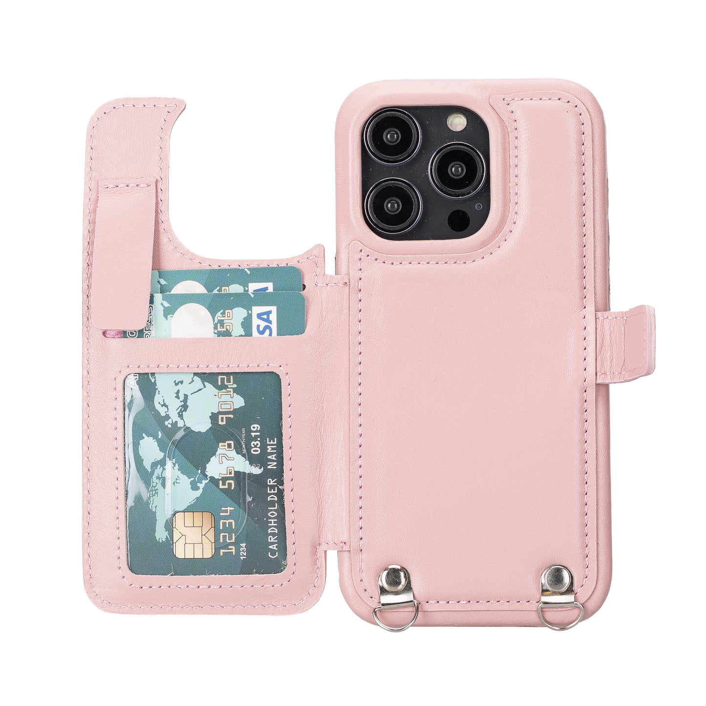 iPhone 14 Pro (6.1") Crossbody Leather MagSafe Wallet Case - Pink