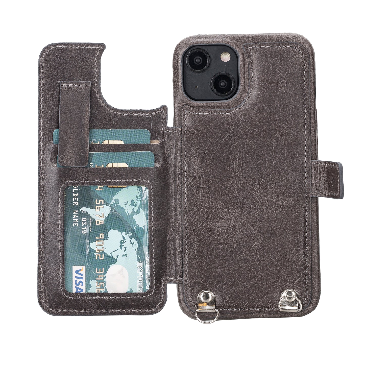 iPhone 14 Crossbody Leather MagSafe Wallet Case - Rustic Black