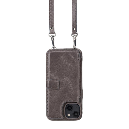 iPhone 14 Crossbody Leather MagSafe Wallet Case - Rustic Black