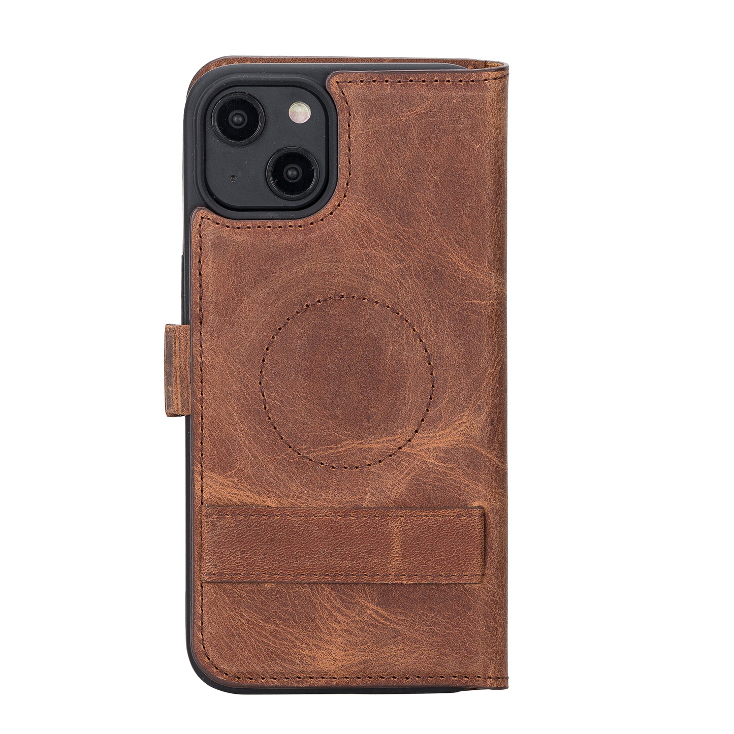 iPhone 14 (6.1") Leather MagSafe RFID Stand Wallet Case - Teak Brown