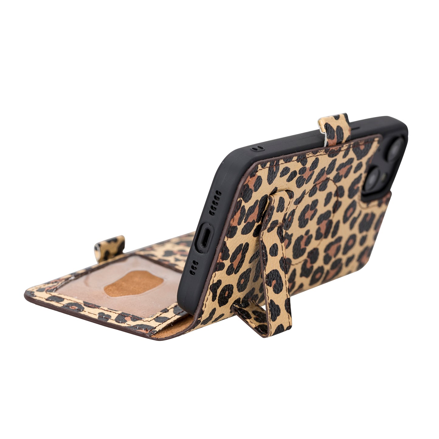 iPhone 14 (6.1") Leather MagSafe RFID Stand Wallet Case - Leopard